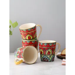 VarEesha White & Red 4 Pieces Floral Printed Ceramic Glossy Cups and Mugs-picture-22