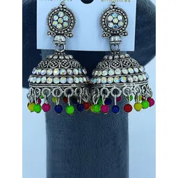 Varico Silver-Plated Artificial Stones Studded & Beaded Dome Shaped Oxidised Jhumkas-picture-40