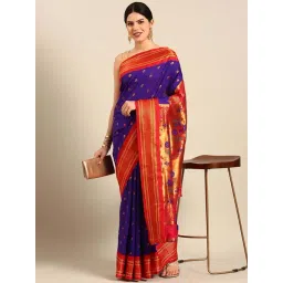 Varkala Silk Sarees Blue & Red Woven Saree With Unstitched Blouse-picture-14
