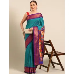 Varkala Silk Sarees Green & Purple Woven Saree With Unstitched Blouse-picture-38
