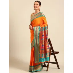 Varkala Silk Sarees Orange & Rama Woven Saree With Unstitched Blouse-picture-24