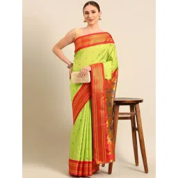 Varkala Silk Sarees Parrot Green & Red Woven Saree With Unstitched Blouse-picture-12