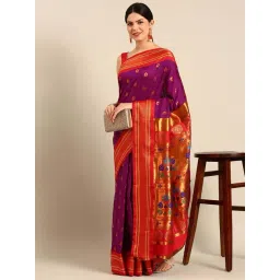 Varkala Silk Sarees Purple & Red Woven Saree With Unstitched Blouse-picture-29
