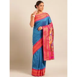 Varkala Silk Sarees Turquoise & Pink Woven Saree With Unstitched Blouse-picture-21