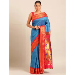 Varkala Silk Sarees Turquoise & Red Woven Saree With Unstitched Blouse-picture-28