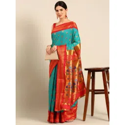 Varkala Silk Sarees Turquoise & Red Woven Saree With Unstitched Blouse-picture-13