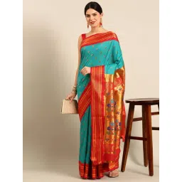 Varkala Silk Sarees Turquoise & Red Woven Saree With Unstitched Blouse-picture-37