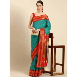 Varkala Silk Sarees Turquoise & Red Woven Saree With Unstitched Blouse-picture-20