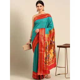 Varkala Silk Sarees Turquoise & Red Woven Saree With Unstitched Blouse-picture-26