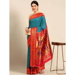 Varkala Silk Sarees Turquoise & Red Woven Saree With Unstitched Blouse-picture-12