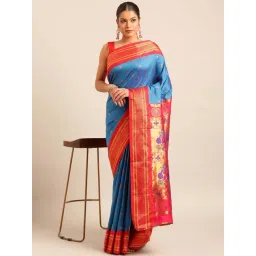Varkala Silk Sarees Turquoise & Red Woven Saree With Unstitched Blouse-picture-11