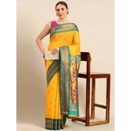 Varkala Silk Sarees Yellow & Green Woven Saree With Unstitched Blouse-picture-23