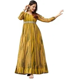 varshdin Women's Yellow-Green Printed Rayon Maxi Dress | Long Flared Full Sleeve Ethnic Gown Style Dress with Waist Belt | Festive Anarkali Dress-picture-55