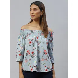 VARUSHKA Blue & Pink Floral Print Off-Shoulder Smocked Crepe Top-picture-19