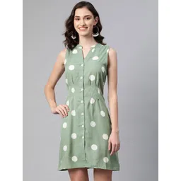 VARUSHKA Women Green & White Polka Dot Printed Crepe Shirt Dress-picture-25