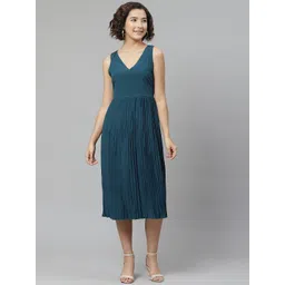 VARUSHKA Women Teal Blue Accordion Pleats Solid A-Line Dress-picture-15