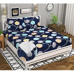 VAS COLLECTIONS Premium Cotton 160tc Elastic Fitted Bedsheets with 2 Pillow Covers | Double Bed with Corner Elastic Wrinkelfree Supersoft Floral Pattren Breathable |Size-72 x 68 + 6 inches |Navy Blue-picture-11