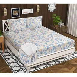 VAS COLLECTIONS Premium Cotton 160tc Elastic Fitted Bedsheets with 2 Pillow Covers | Double Bed with Corner Elastic Wrinkelfree Supersoft FloralBreathable |Size-72 x 68 + 6 inches | Sky Blue & White-picture-18