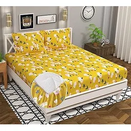 VAS COLLECTIONS Premium Cotton 160tc Elastic Fitted Bedsheets with 2 Pillow Covers | Double Bed with Corner Elastic Wrinkelfree Supersoft Floral Pattren|Size-72 x 68 + 6 inches | Mustarded & Green-picture-13