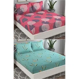 vas collections VAS COLLECTION Prime Combo Pack of 2 Double Bedsheet with 4 Pillow Covers | 160 TC Soft Brushed Glace Cotton -Long Lasting & Wrinkle Free - | 225X228 Cm Or 7.5X7.5 Ft-Pink & Green-picture-17