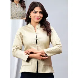 Vasjac Geometric Printed Mandarin Collar Reversible Quilted Jacket-picture-23