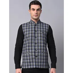 Vastraa Fusion Checked Pure Wool Woven Nehru Jacket-image-5