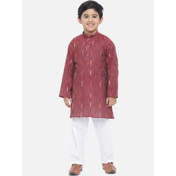 Vastraa Fusion Kids Maroon Ikat Printed Pure Cotton Kurta with Pyjamas-picture-10