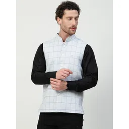 Vastraa Fusion Men Checked Mandarin Collar Sleeveless Pure Wool Nehru Jacket-image-34