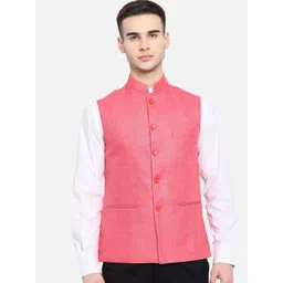 Vastraa Fusion Men Pink Solid Woven Nehru Jacket-picture-14