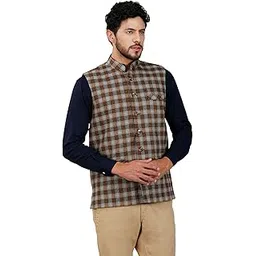 vastraa fusion Men's Blue & Grey Chequered Woolen Blended Festive Nehru Jacket/Waistcoat-picture-54
