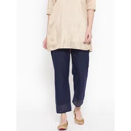 Vastraa Fusion Women Navy Blue Solid Straight Ethnic Embroidery Lace Pure Cotton Palazzo-picture-17