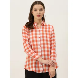 Vastraa Fusion Women Orange & White Pure Cotton Regular Fit Checked Casual Shirt-image-33