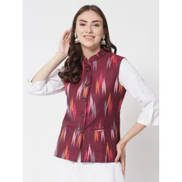 Vastraa Fusion Women Pure Cotton Ikkat Printed Nehru Jacket-picture-40