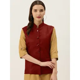 Vastraa Fusion Women Red Solid Jute Cotton Woven Nehru Jacket-picture-25