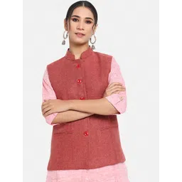 Vastraa Fusion Women Red Solid Woven Woolen Nehru Jacket-picture-26