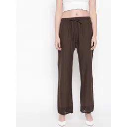 Vastraa Fusion Women Solid Coffee Bown Straight Ethnic Embroidery Lace Pure Cotton Palazzo-picture-19