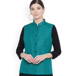 Vastraa Fusion Women Teal Green Solid Woven Nehru Jacket-picture-11