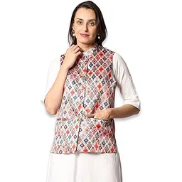 vastraa fusion Women's Polyester Cotton Printed Sleeveless Regular Nehru Jacket/Modi Ethnic Waistcoat (Off-White With Multi Print)-picture-14
