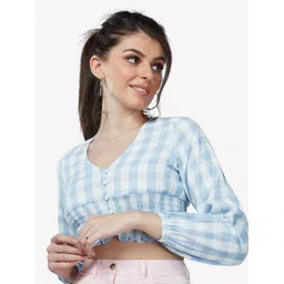 VASTRADO Blue & White Checked Blouson Crop Top-image-15