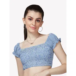 VASTRADO Blue & White Checked Pure Cotton Smocked Crop Top-image-1