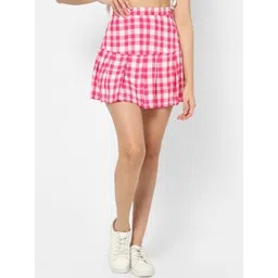 VASTRADO Checked Pure Cotton Pleated Flared Mini Skirt-picture-24