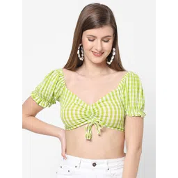 VASTRADO Green Checked Sweetheart Neck Crop Top-image-39