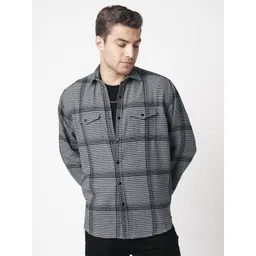 VASTRADO Men Fossil Grey Checked Slim Fit Double Flap Pocket Textured Casual Shirt-image-21
