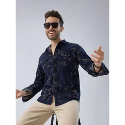VASTRADO Men Navy Abstract Bloom Printed Flap Pocket Corduroy Shirt-picture-22
