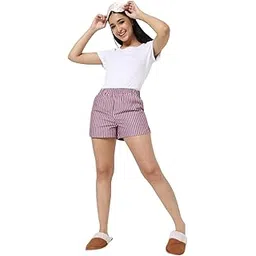vastrado Women Maroon Striped Shorts | Cotton Fabric with Elasticized Waistband | Comfortable Mid-Rise Fit, Regular Length, Casual Wear | Stylish & Versatile Nightwear-picture-20