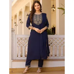VASTRAHUT Women Ethnic Motifs Regular Thread Work Straight Kurta with Trousers & Dupatta-picture-28