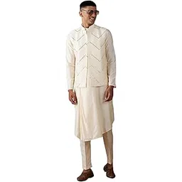 Men's Cream Viscose Jacket, Kurta and Pyjama Set | Mirror Work Chevron Pattern Chic Jacket and Asymmetric Kurta Pyjama Set For Men-image-48