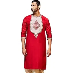 Men's Red Viscose Kurta | Secuenced Patchwork Kurta for Men.-image-49