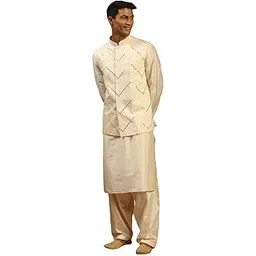 Men's Viscose Jacket, Kurta and Pyjama Set | Mirror Work Chevron Pattern Chic Jacket Kurta Patiala Set For Men-image-30