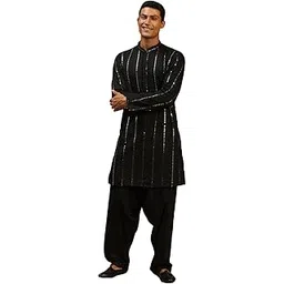 Men's Viscose Kurta and Patiala Set | Mirror work Embellished Viscose Kurta For Men With Fluid Fabric Patiala-image-31
